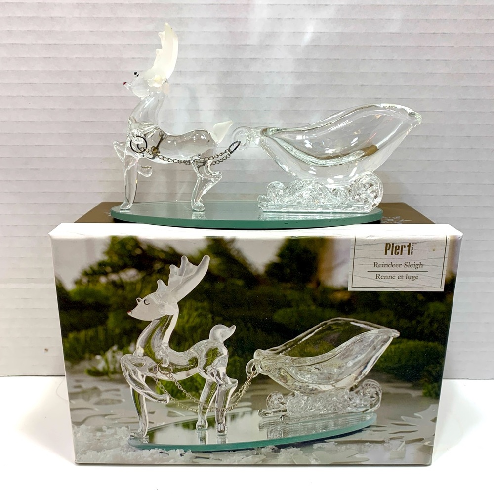 Pier 1 Imports Clear Glass Christmas Reindeer & Sleigh With Box